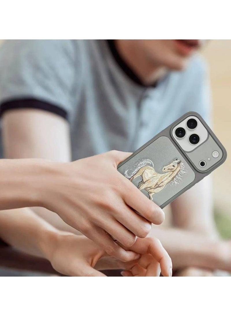 Boris Series Horse Embroidery Phone Case for iPhone 17 Pro Max – Shockproof, Premium Pleather  TPU, Anti-Slip Grip, Raised Edges for Screen  Camera Protection, Scratch-Resistant, Lightweight  Slim Design – Navy Blue - Image 5